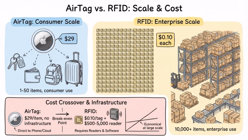 Scale comparison showing AirTag for tracking individual items versus RFID for scanning thousands per hour