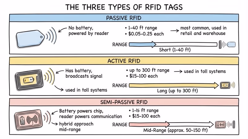 Three types of RFID tags showing passive, active, and semi-passive with their range and cost differences