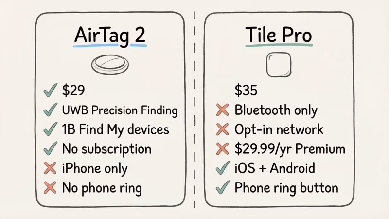 AirTag 2 vs Tile Pro vs Tile Mate specifications overview comparison at a glance