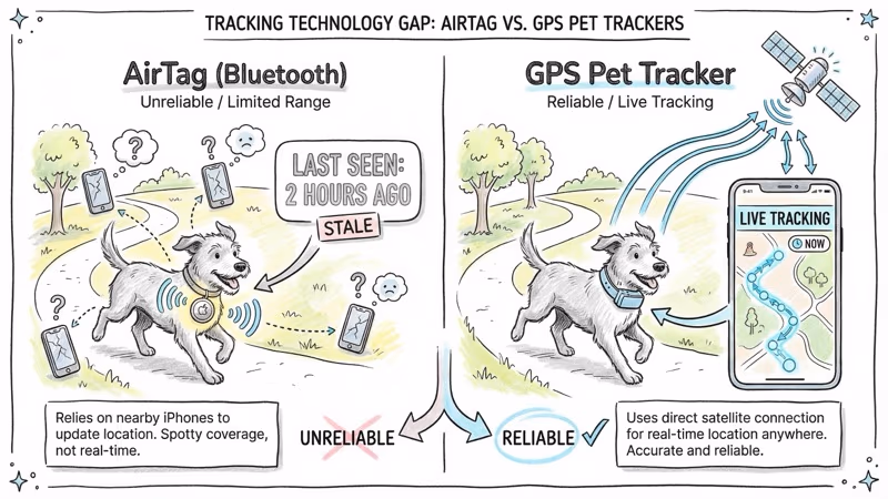Tracking gap between AirTag Bluetooth 30-foot range and GPS pet trackers with unlimited cellular coverage