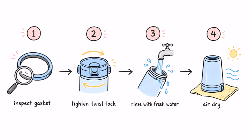 Weekly TagVault Pet maintenance flow showing gasket inspection twist-lock tightness check and freshwater rinse routine