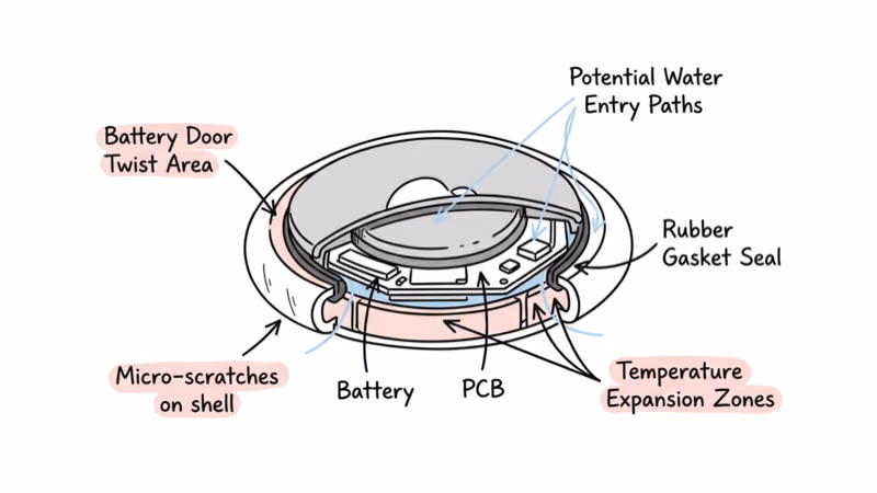 AirTag cross-section diagram showing seal wear points from battery swaps and scratches