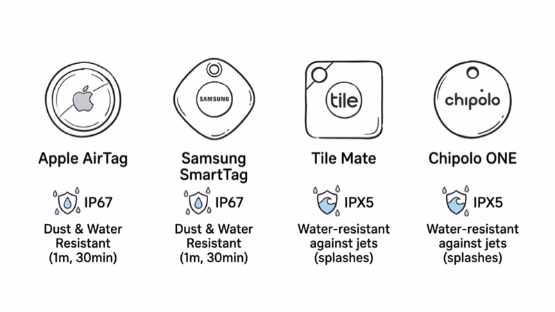Bluetooth tracker water resistance comparison showing AirTag, SmartTag, Tile, and Chipolo ratings
