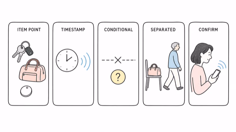 Hand-drawn illustration of a conditional timestamped item point, separation from the adult, and independent confirmation