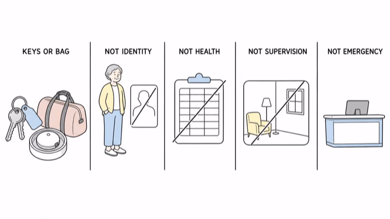 Hand-drawn illustration separating disclosed keys or a bag from identity, health, supervision, and emergency status
