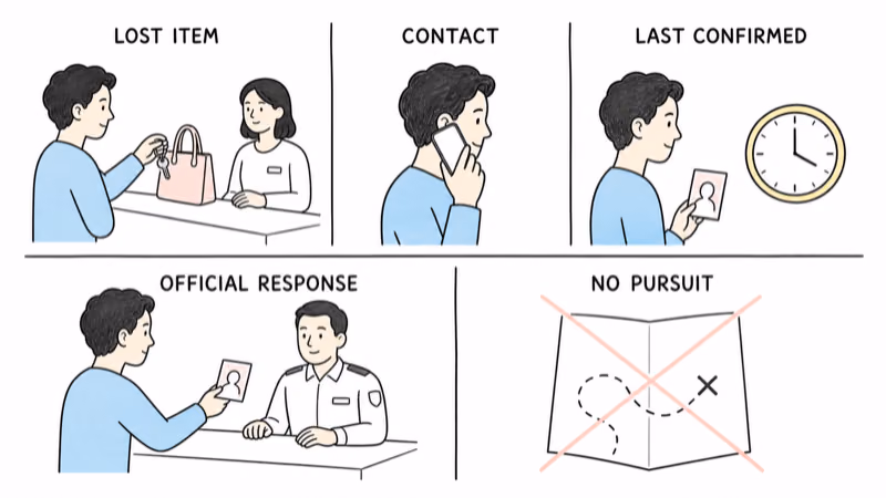 Hand-drawn illustration separating a lost-item handoff, human contact, last-confirmed information, official response, and no private pursuit