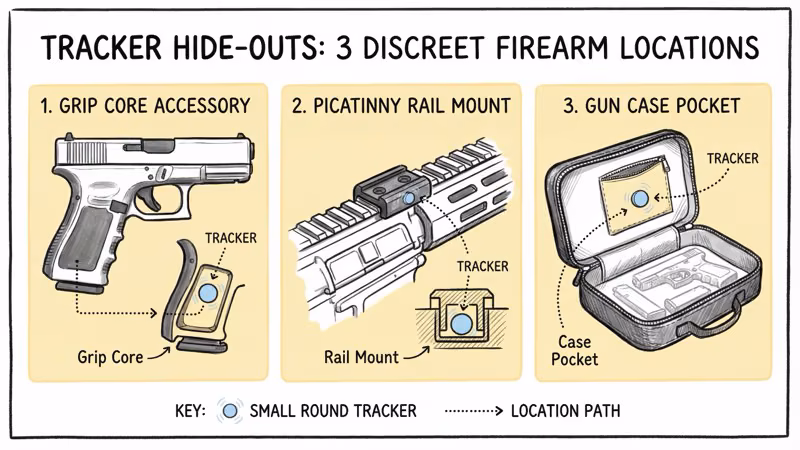 Best hiding spots for an AirTag on a firearm including grip core, Picatinny rail mount, and rifle case placement