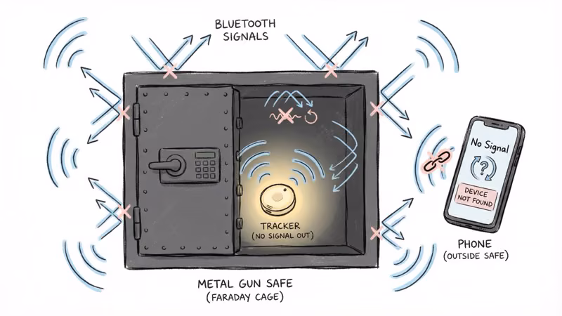 AirTag Bluetooth signal blocked inside a steel gun safe acting as a Faraday cage