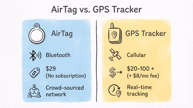 AirTag Bluetooth tracker compared to GPS cellular tracker showing cost and feature differences for firearm tracking