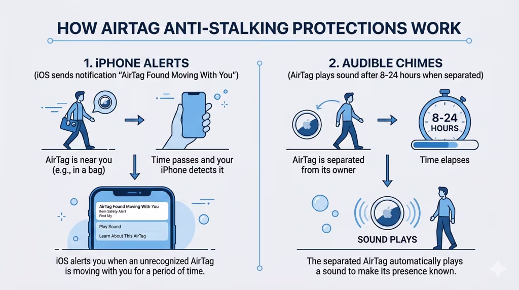 Infographic showing how AirTag anti-stalking protections work across iOS alerts, audible chimes, and cross-platform Android detection
