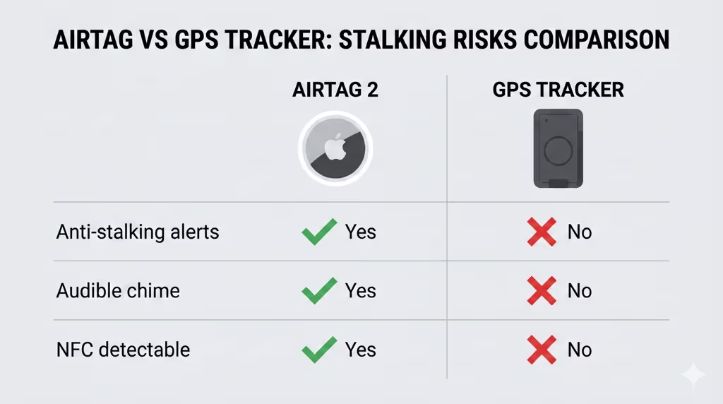 Comparison chart of AirTag 2 versus cellular GPS trackers showing differences in anti-stalking alerts, real-time tracking, detectability, and monthly cost