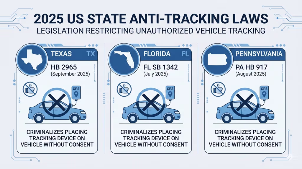 Infographic summarizing 2025 state anti-tracking laws in Texas, Florida, and Pennsylvania with key provisions and effective dates