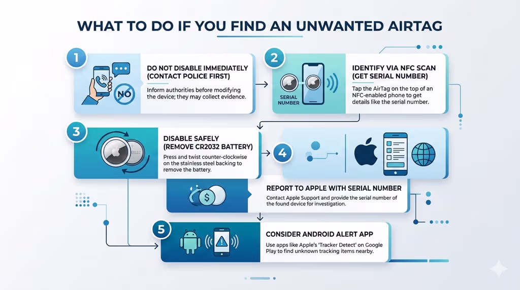 Flowchart showing decision steps when you find an unknown AirTag: identify, contact police if stalking suspected, disable by removing battery, and report to Apple