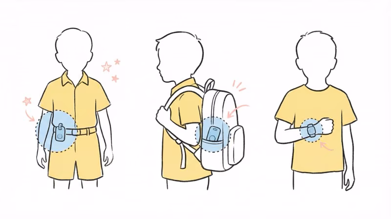 AngelSense wearing options including magnetic safety pins, compression undershirt, belt clip, and armband