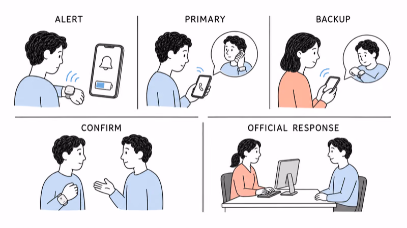 Hand-drawn response-boundary illustration separating a fallible alert, primary supporter, backup, human confirmation, and official response