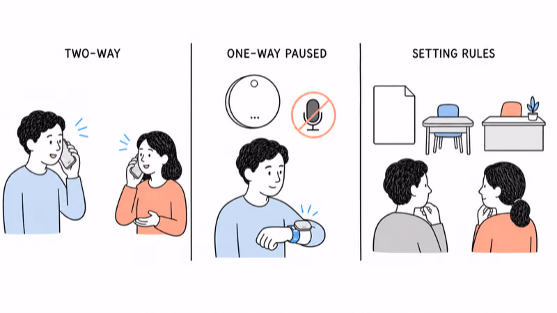 Hand-drawn privacy illustration showing disclosed two-way communication, paused one-way audio, and separate setting rules