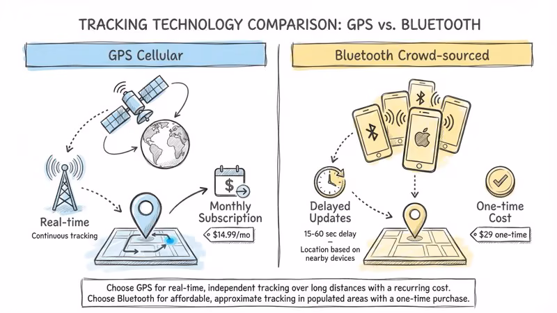 Infographic comparing GPS cellular tracking vs Bluetooth crowd-sourced tracking technologies