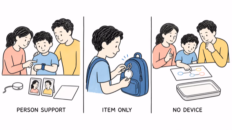 Hand-drawn illustration of a child and caregivers openly choosing between an agreed person-support system, an item-only backpack finder, and a no-device option