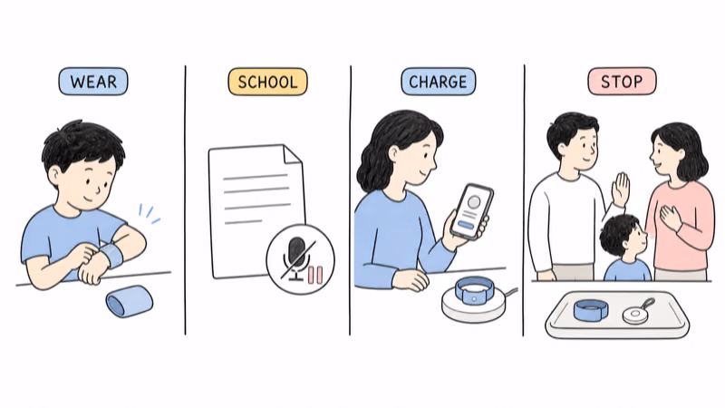 Hand-drawn illustration of a transparent AngelSense trial, an item-only AirTag backpack trial, child participation, school permission, charging, privacy, offboarding, and a no-device fallback