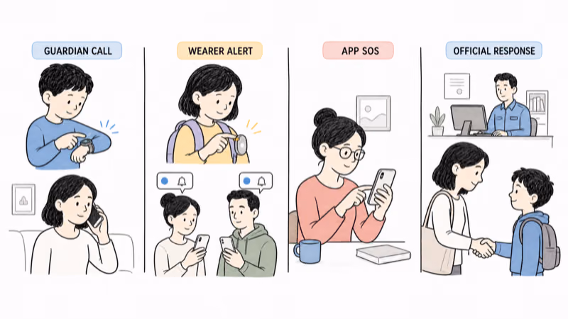 Hand-drawn response-boundary illustration separating an AngelSense guardian call, a Jiobit wearer alert, caregiver-app SOS coordination, human pickup, and official emergency response