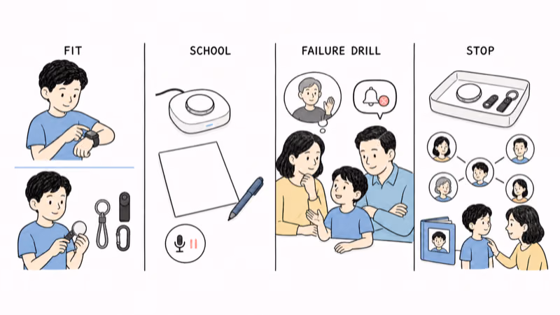 Hand-drawn illustration of transparent AngelSense and existing-Jiobit trials with child participation, school permission, charging, missed-alert drills, offboarding, and a no-device fallback