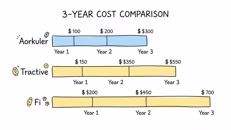 Three-year cost comparison chart showing Aorkuler flat at $250 vs rising subscription costs for Tractive and Fi