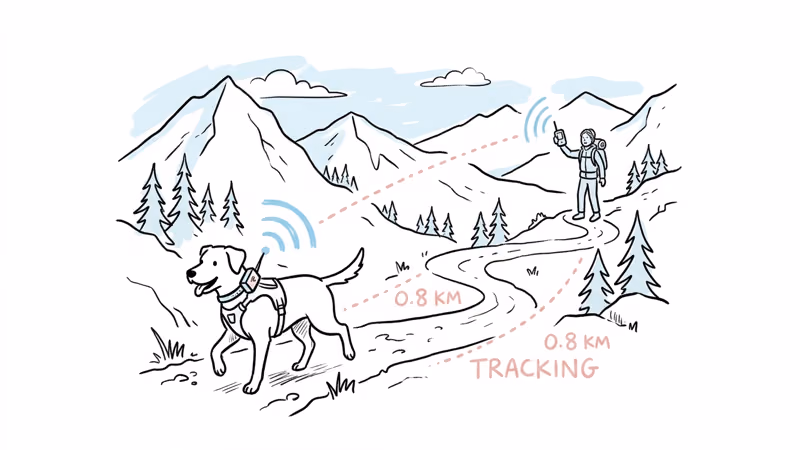 Dog wearing Aorkuler GPS collar module while hiking on a remote mountain trail