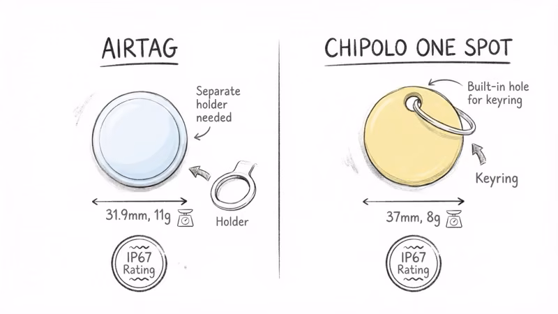 Design comparison showing AirTag solid disc vs Chipolo ONE Spot with keyring hole