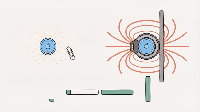 Comparison of magnetic, adhesive, and screw-on AirTag mount types with pull force ratings