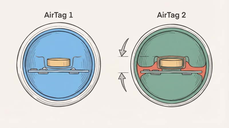 Side-by-side comparison of AirTag 2 and AirTag 1 internal speaker and magnet design