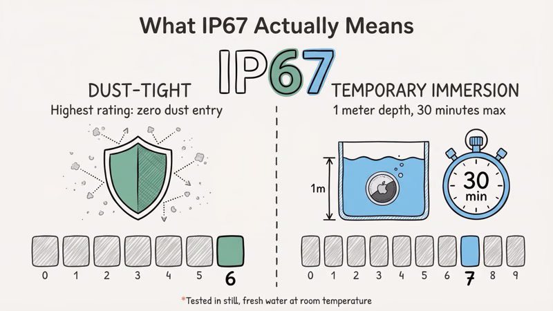 IP67 rating breakdown showing dust protection level 6 and water protection level 7 for AirTag
