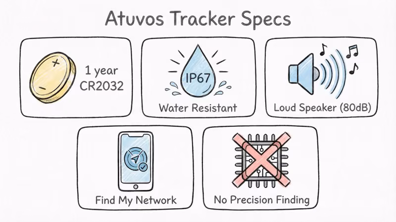 Atuvos tracker specs overview showing CR2032 battery, IP67 rating, Find My network support, and no Precision Finding