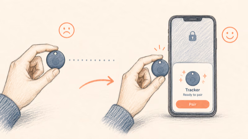 Moving an Atuvos tag close to an unlocked iPhone to trigger the Find My setup card