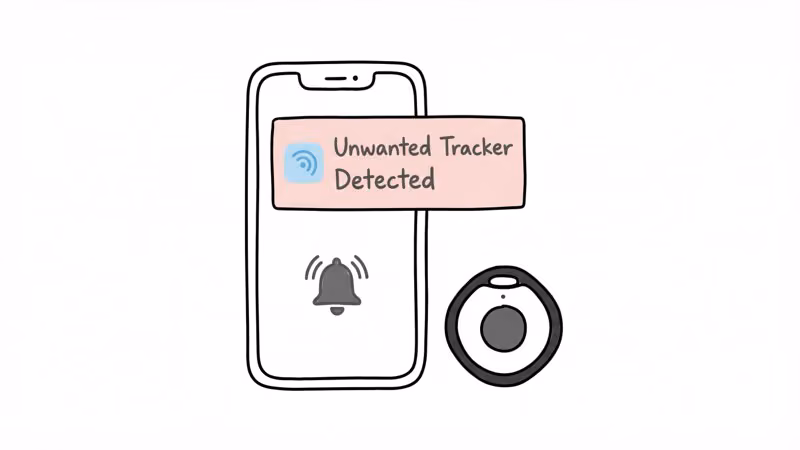 Smartphone showing unwanted tracker detected alert with Bluetooth tracker device nearby