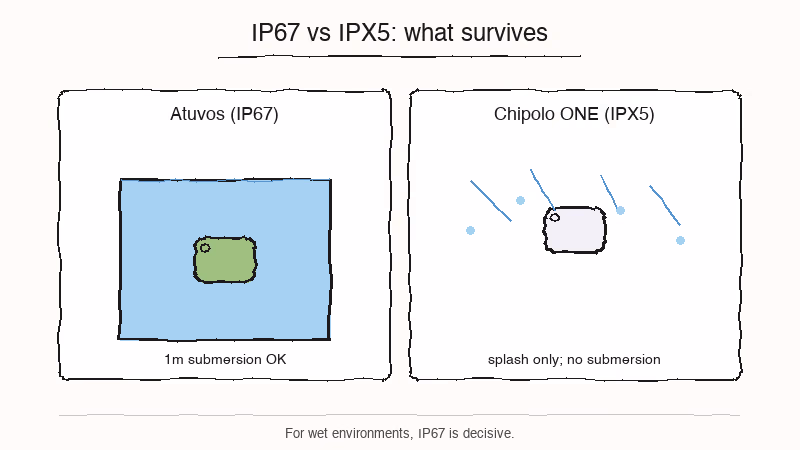 IP67 versus IPX5 water resistance comparison for Atuvos and Chipolo ONE Point