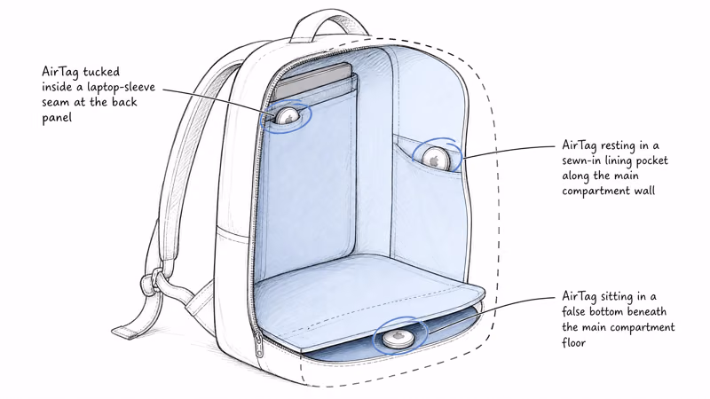 Cutaway backpack showing three concealed AirTag hiding spots in seam, lining pocket, and false bottom