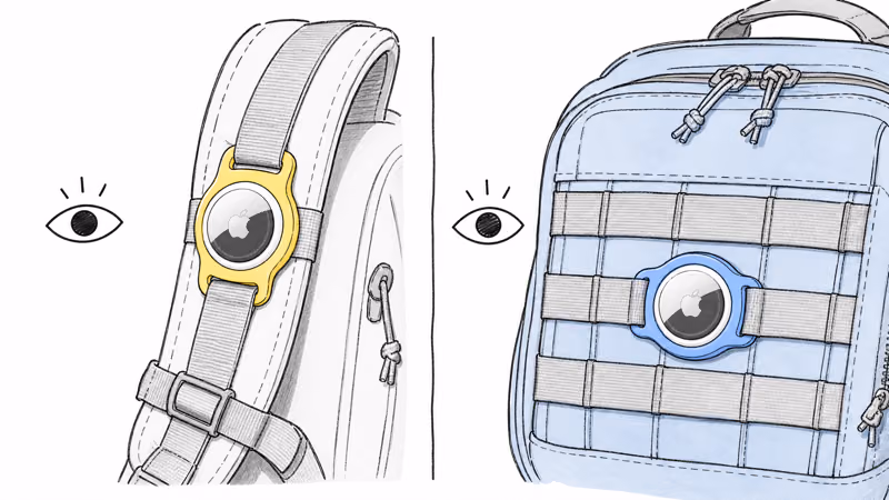 Strap mount and MOLLE webbing mount holding visible AirTags on the outside of a backpack