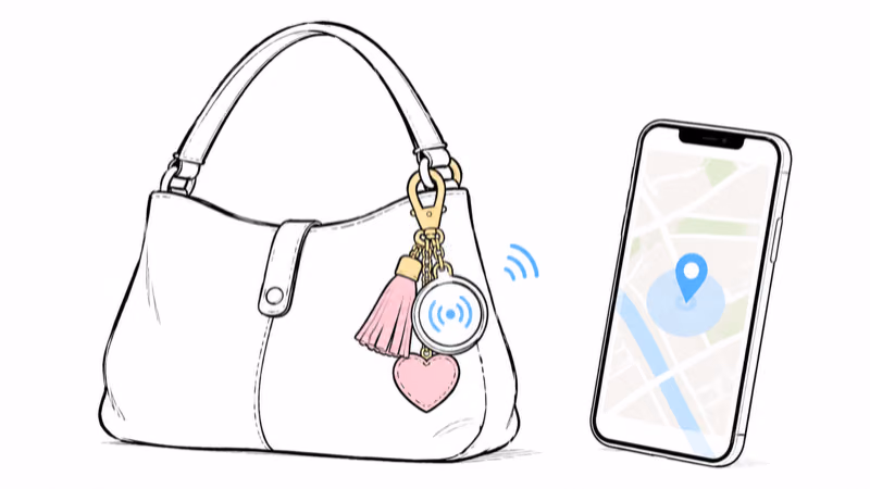 An AirTag bag charm hanging on a handbag with a phone nearby showing the bag's location on a Find My map