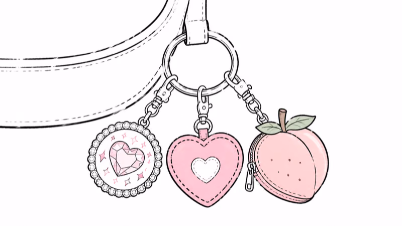 Three AirTag bag charm styles hanging on a handbag: a sparkly rhinestone badge, a cute leather charm, and a Y2K fruit coin-purse charm