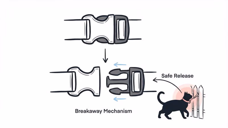 Breakaway collar buckle mechanism showing closed and released states with force arrows for cat safety