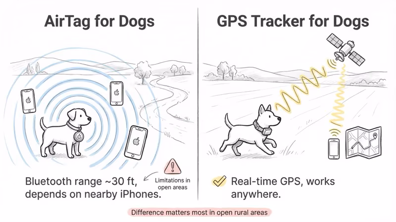 AirTag Bluetooth range depending on nearby iPhones vs GPS dog tracker with direct satellite connection