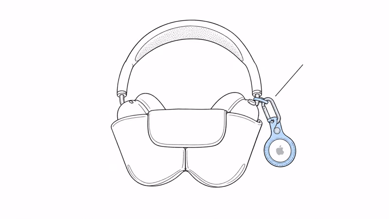 AirTag in a carabiner loop holder clipped to AirPods Max headband near the Smart Case lanyard point