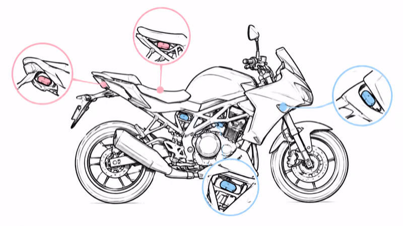 Hiding spots for an AirTag on a motorcycle: under the seat, inside the tail section, behind a fairing, and inside the frame near the battery