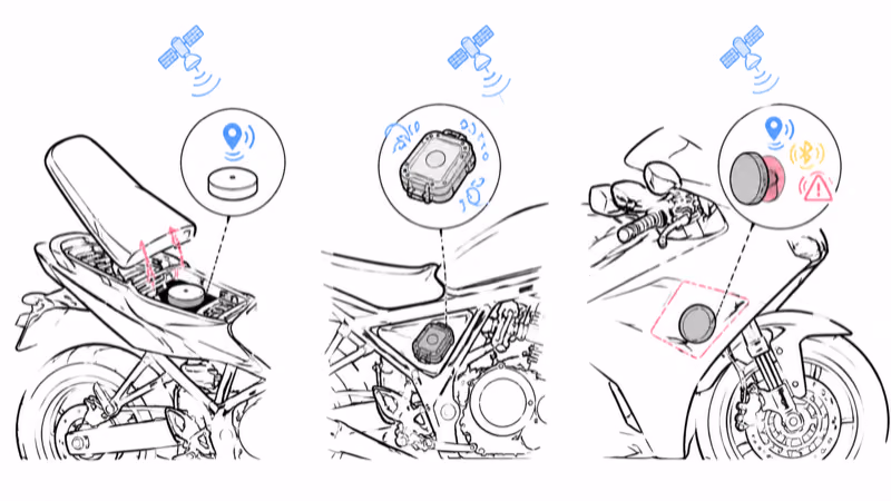 Three ways to hide an AirTag on a motorcycle: a covert stick-on under the seat, an IP68 waterproof case on the frame, and an adhesive mount inside a fairing