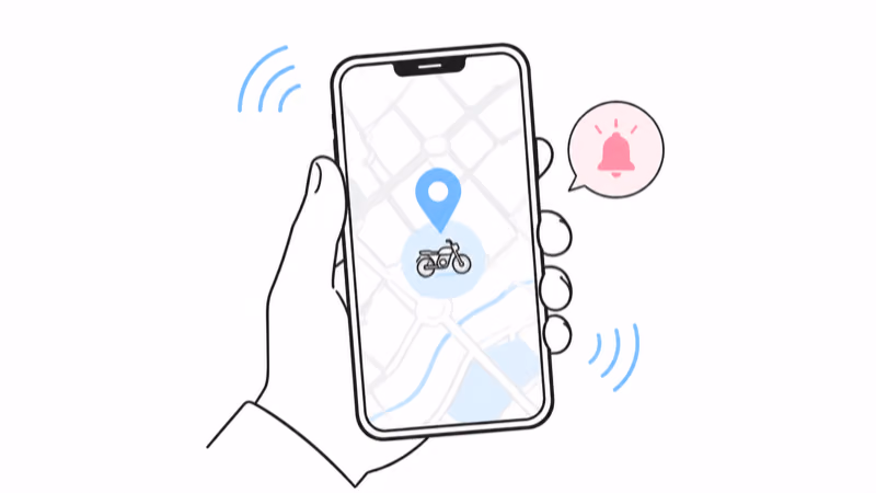A phone showing a Find My map with a location pin over a motorcycle icon, plus an unknown-tracker alert badge a thief might receive