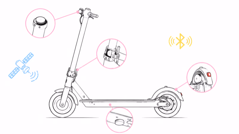 Hiding spots for an AirTag on an electric scooter: inside the stem cap, under the deck, inside the folding hinge area, and behind the rear fender