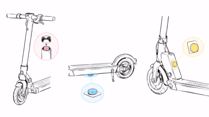 Three ways to hide an AirTag on an electric scooter: inside the stem cap, a covert stick-on under the deck, and an adhesive mount on a flat panel