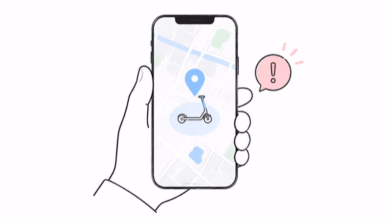A phone showing a Find My map with a location pin over an electric scooter icon, plus an unknown-tracker alert badge a thief might receive