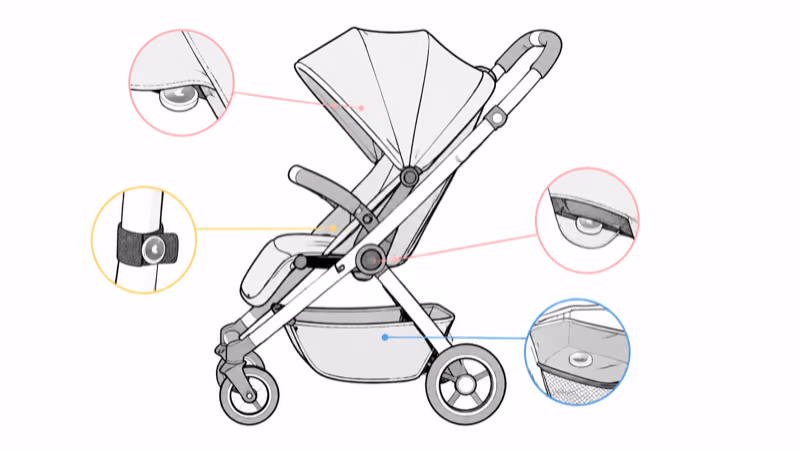 Spots to hide an AirTag on a stroller: in the canopy fabric, strapped to an inner frame bar, inside the underseat basket, and adhered under the seat