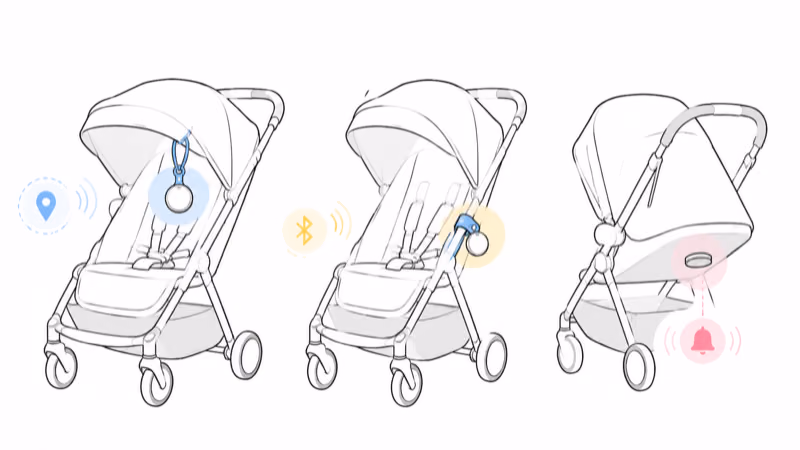 Three ways to hold an AirTag on a stroller: a fabric mount on the canopy, a strap mount on the frame bar, and an adhesive mount hidden under the seat